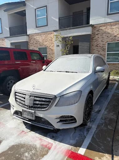 Mercedes-Benz S550 covered in wash foam mid-detail, Brownsville TX