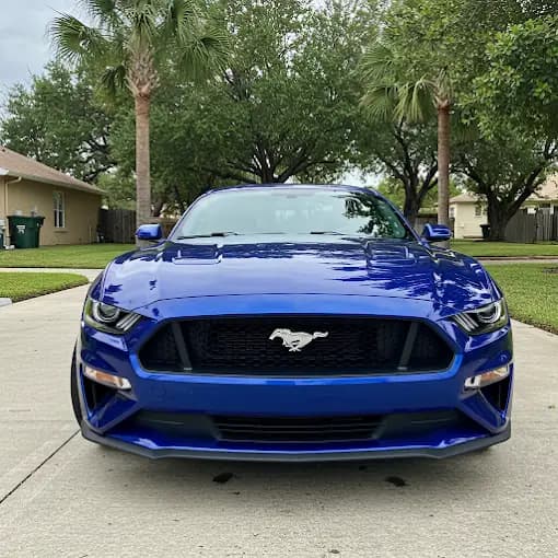 Freshly detailed blue Ford Mustang parked in a driveway, Brownsville TX